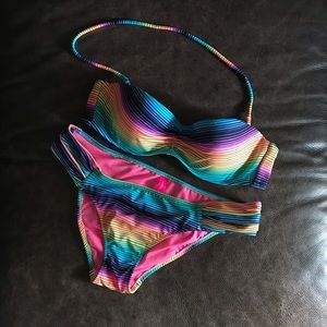 Neon rainbow stripe VS bikini bandeau halter 34A